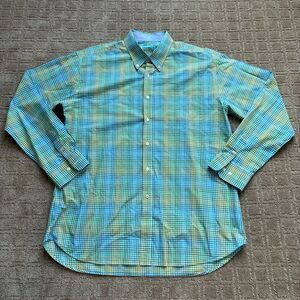 J. McLaughlin Gingham Plaid  Shirt Men's XL Blue Green Button Down Long Sleeve